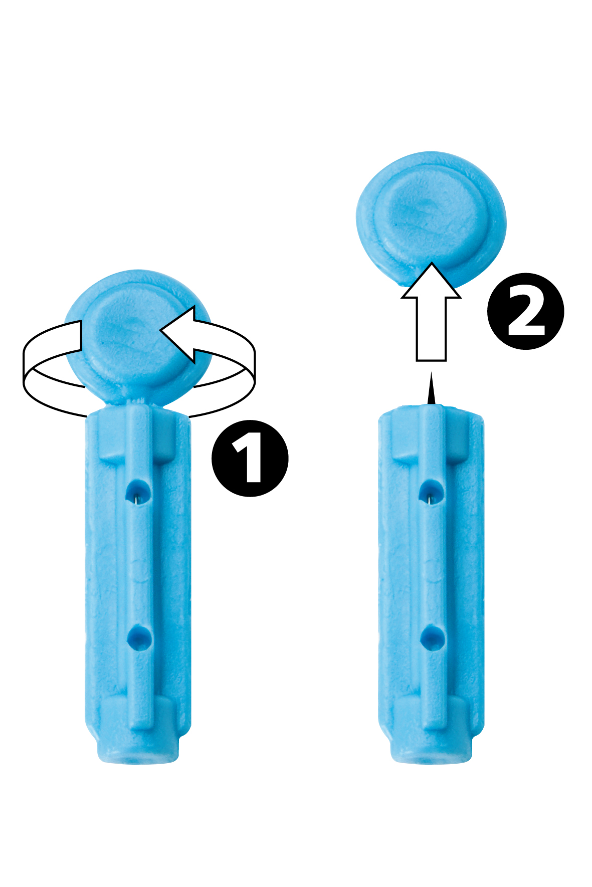 Illustration of medisana lancets with step-by-step instructions for removing the protective cap.